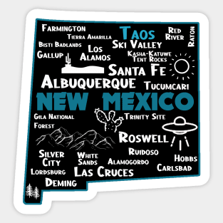 Cute map of Taos New Mexico Albuquerque Santa Fe Los Alamos, Roswell Las Cruces Deming Carlsbad Hobbs Silver City Sticker